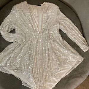 White all over sequin deep v neck high low dress
